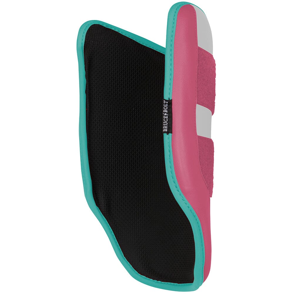 Pink, turquoise, and black elbow guard with white stripes and a Bruce Bolt tag