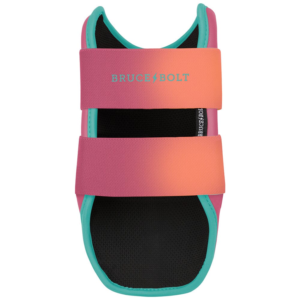 Bruce Bolt elbow guard in sunrise pink, orange, and teal with two horizontal straps and black interior.