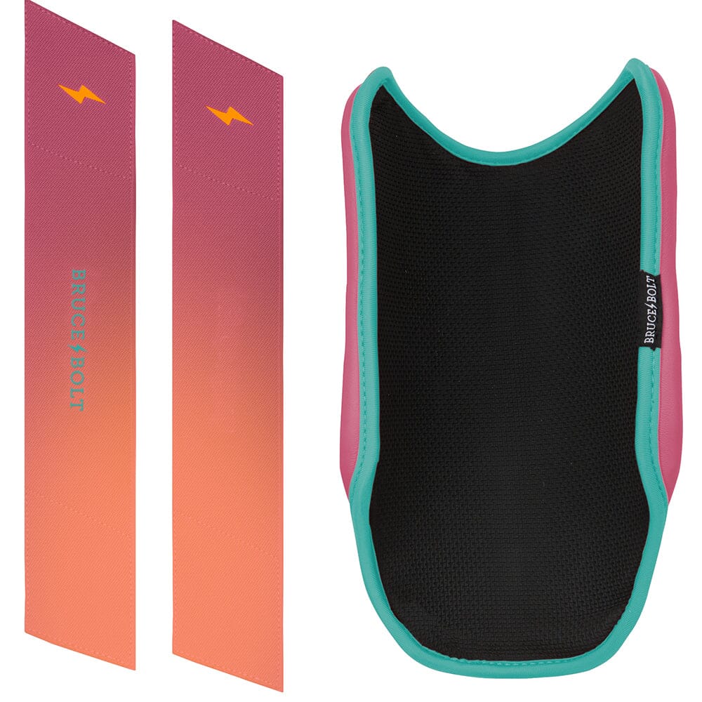 Bruce Bolt elbow guard in sunrise pink and orange with teal trim and matching straps.