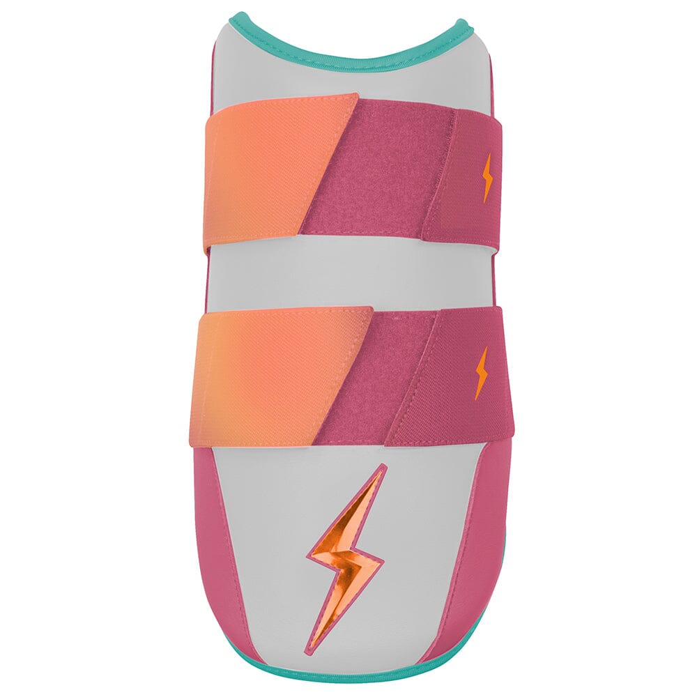 White and pink elbow guard with two orange-to-pink gradient straps and an orange lightning bolt logo at the bottom.
