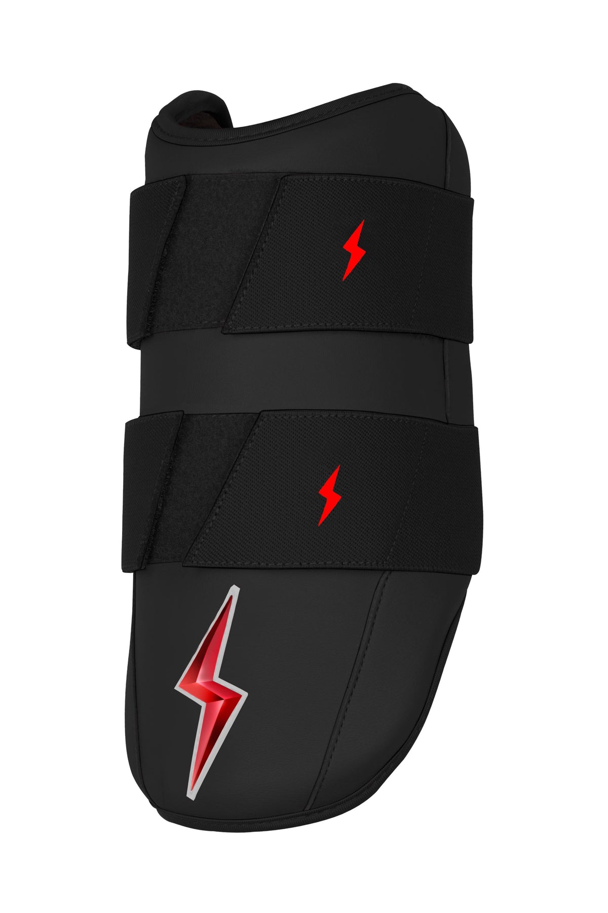 Black elbow guard with two straps and red lightning bolt logos.