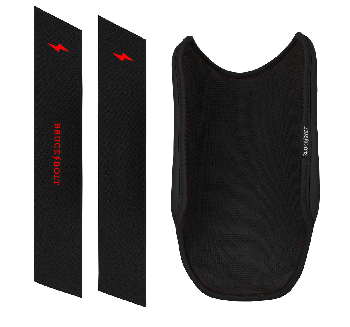 Black Bruce Bolt elbow guard with two matching black straps featuring red branding.