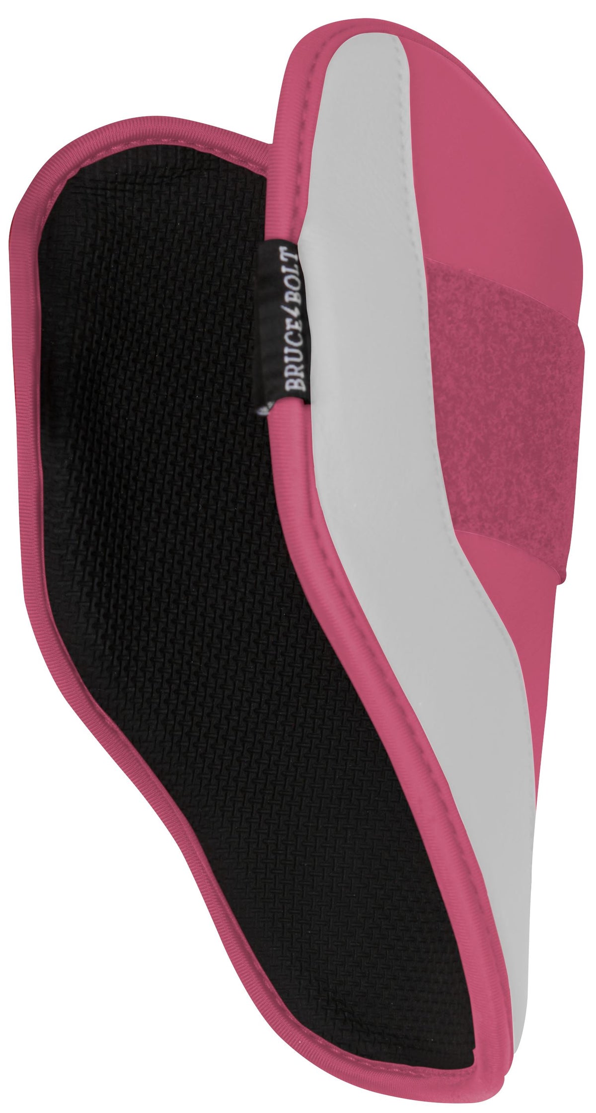 Dusty pink, white, and black elbow guard with a Bruce Bolt logo tag.