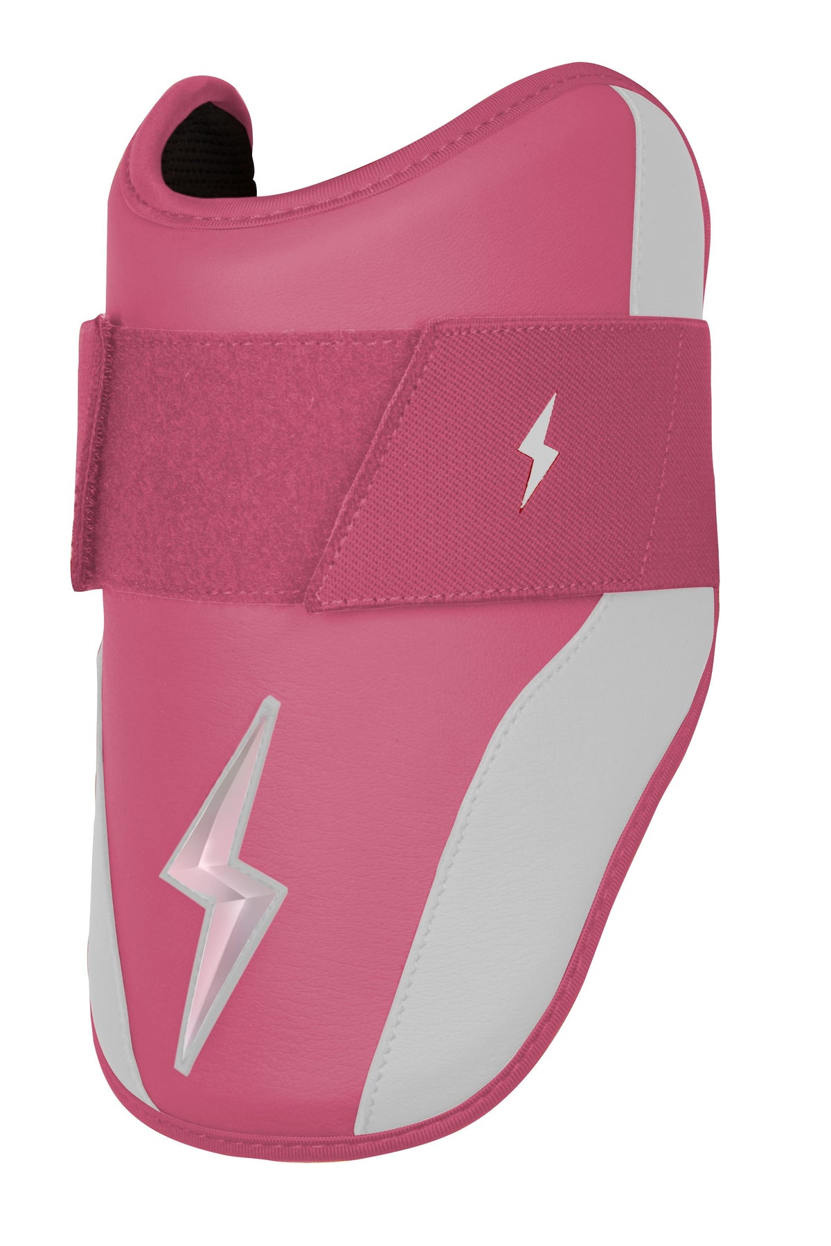 Dusty pink and white protective elbow guard with a Velcro strap and lightning bolt logo.