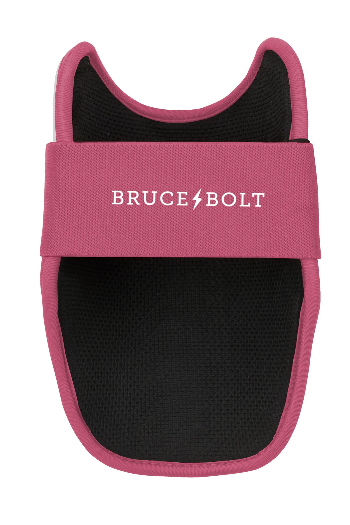 Dusty pink elbow guard with a black inner lining and white Bruce Bolt text branding on the strap.