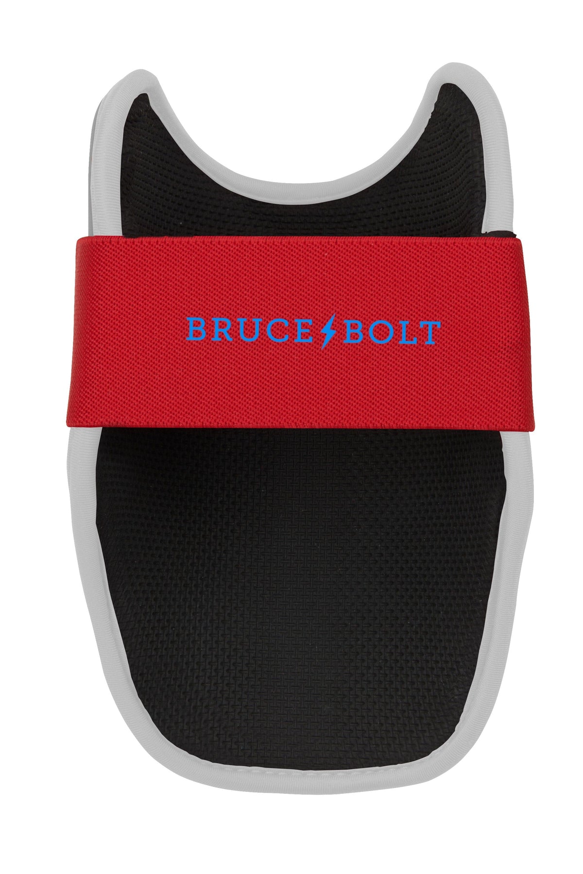 Black and grey elbow guard featuring a wide red strap with blue Bruce Bolt text and a lightning bolt logo.