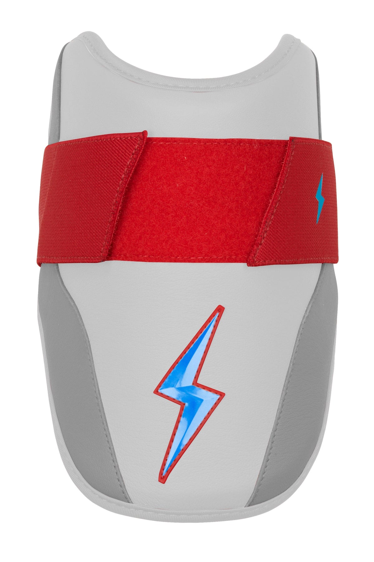 White and grey elbow guard with a red strap and blue lightning bolt logo