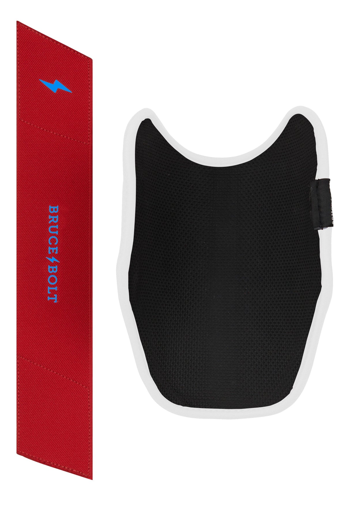 Black elbow guard with white trim and a separate red strap featuring blue branding.
