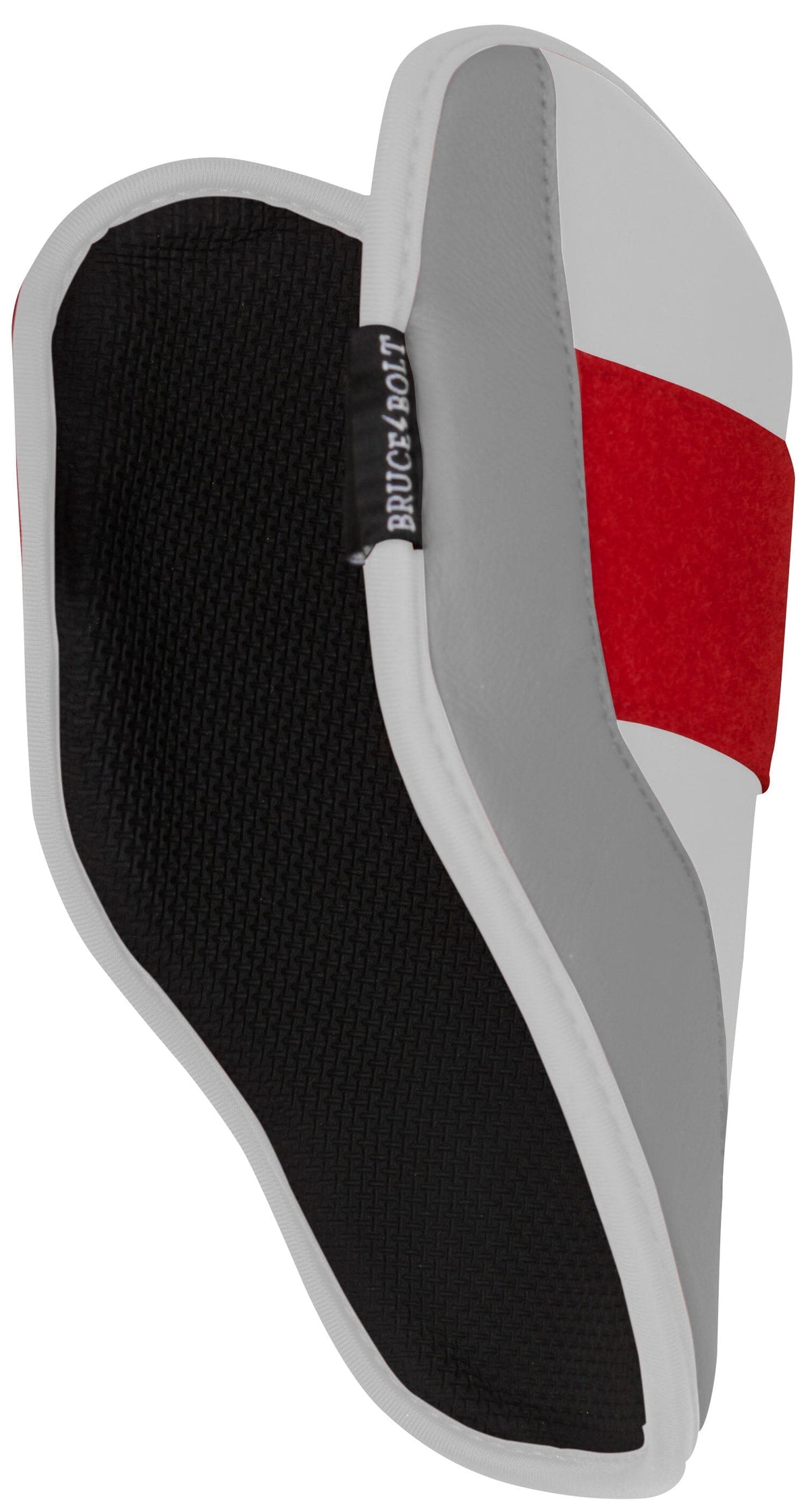 Bruce Bolt elbow guard in white, grey, and red with a textured black interior.