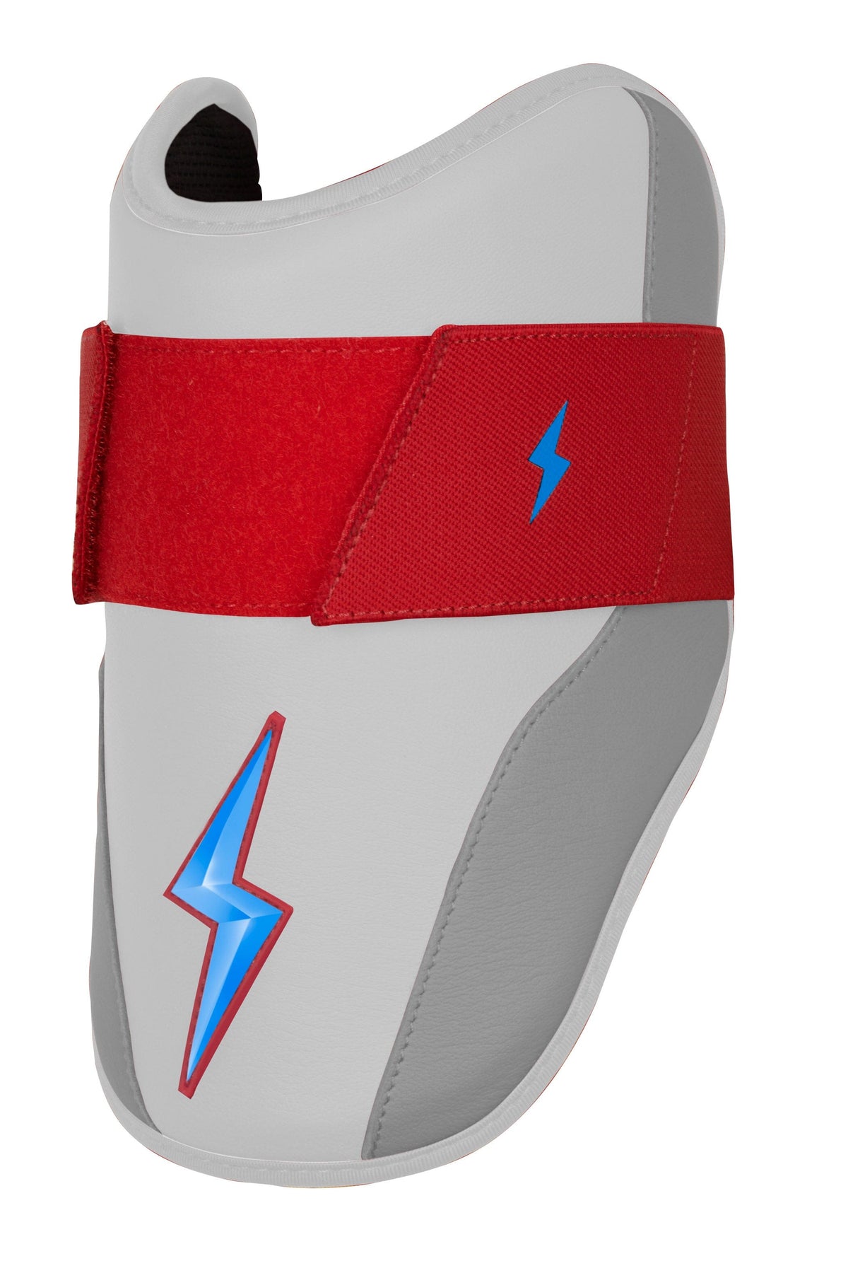 White and grey elbow guard with a red strap and blue lightning bolt logos