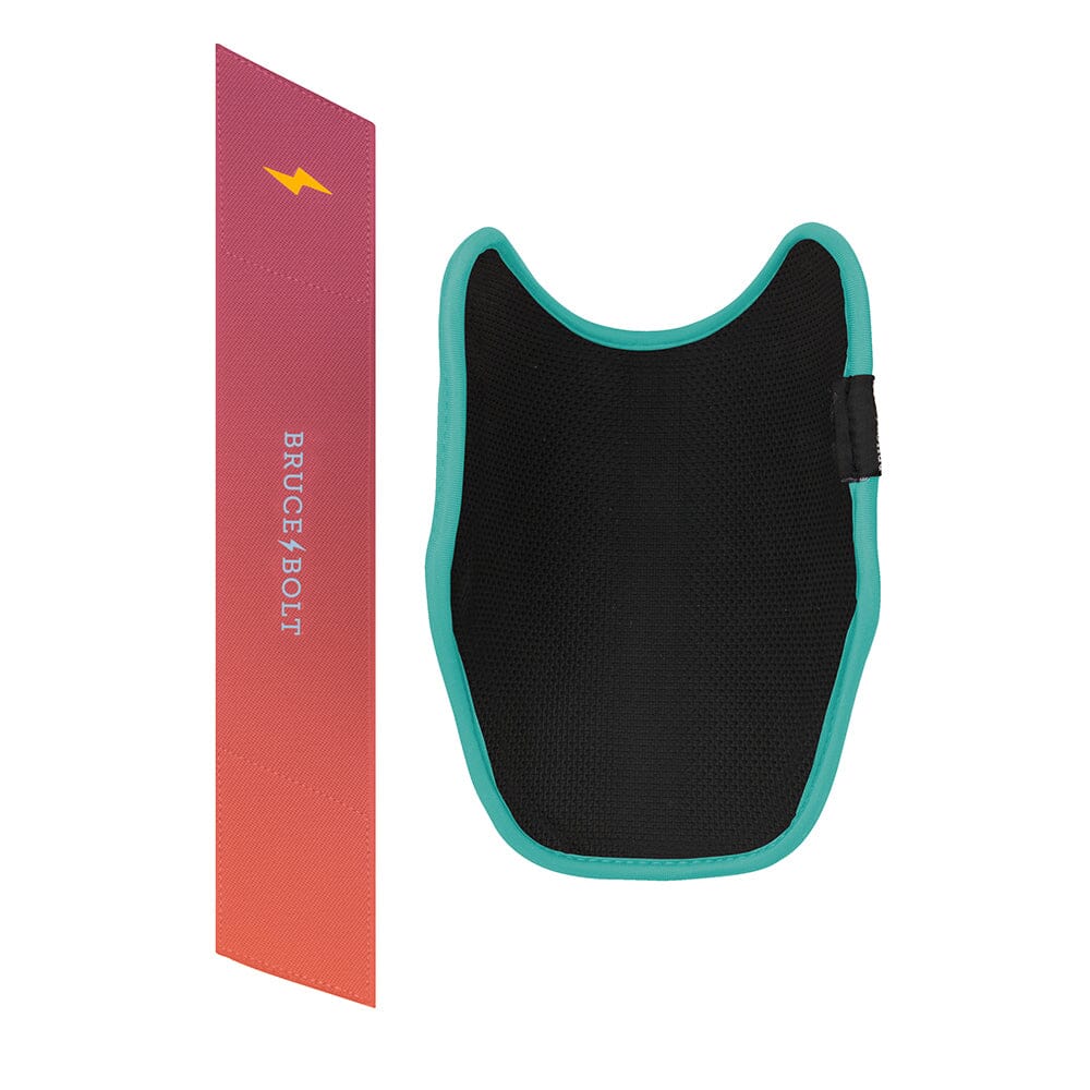 Sunrise gradient elbow guard with Bruce Bolt branding alongside a black guard featuring teal trim.