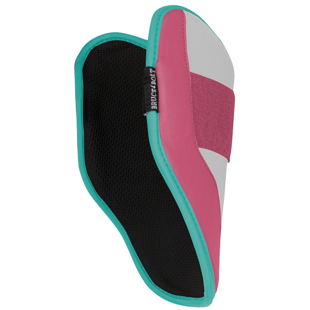 Bruce Bolt elbow guard in pink, grey, and teal with a black mesh interior lining