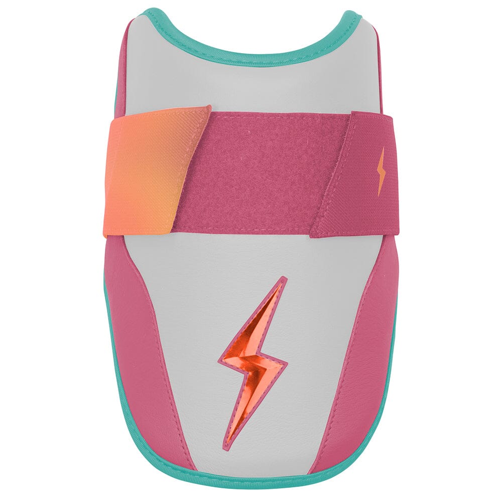 Grey and pink protective elbow guard with a shiny orange lightning bolt and gradient strap.