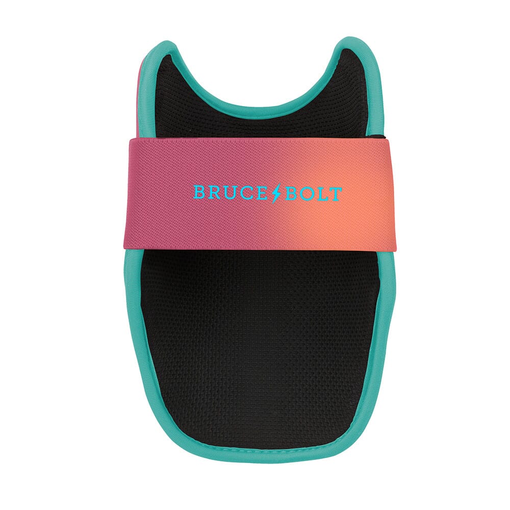 Bruce Bolt elbow guard in black and turquoise with a pink-to-orange gradient strap