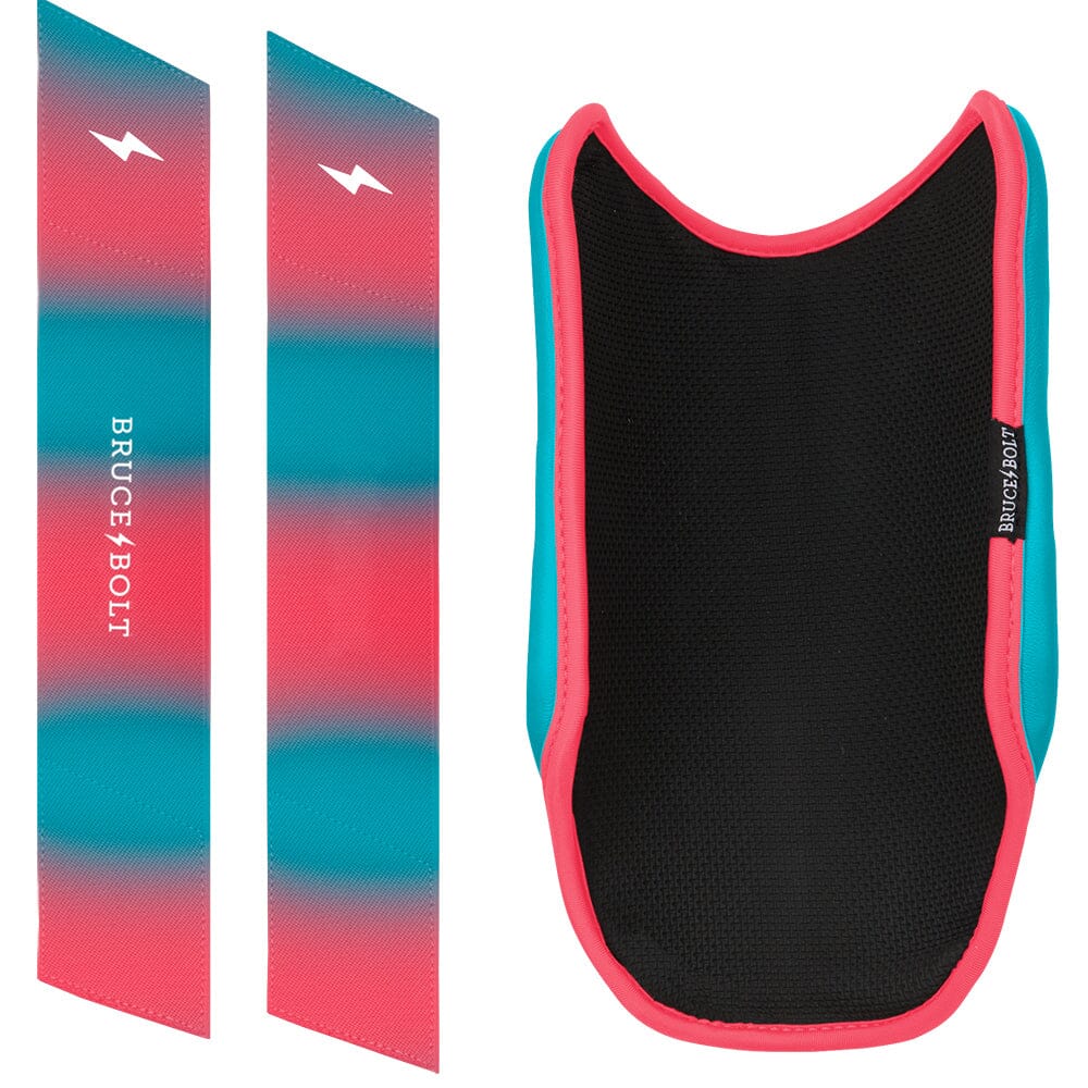 Pink, teal, and black elbow guard with two matching straps featuring the Bruce Bolt logo.