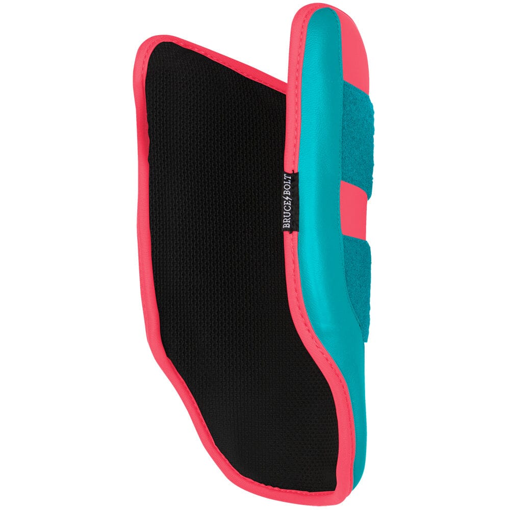 Black, turquoise, and pink baseball elbow guard with Bruce Bolt logo.