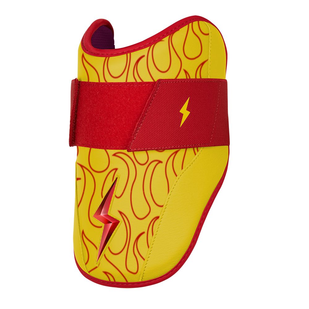 Yellow and red elbow guard with a flame pattern and red lightning bolt logos.