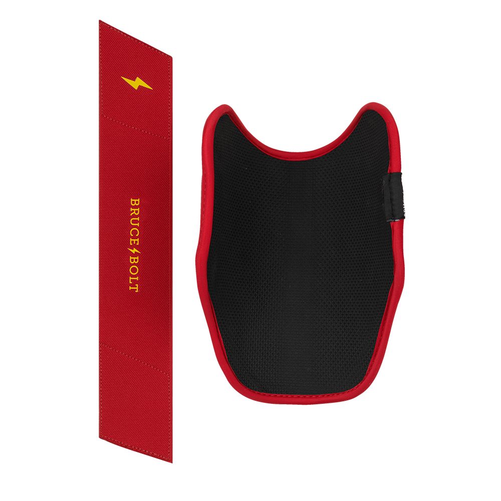 Red and black elbow guard with a matching red strap featuring yellow lightning bolt branding.