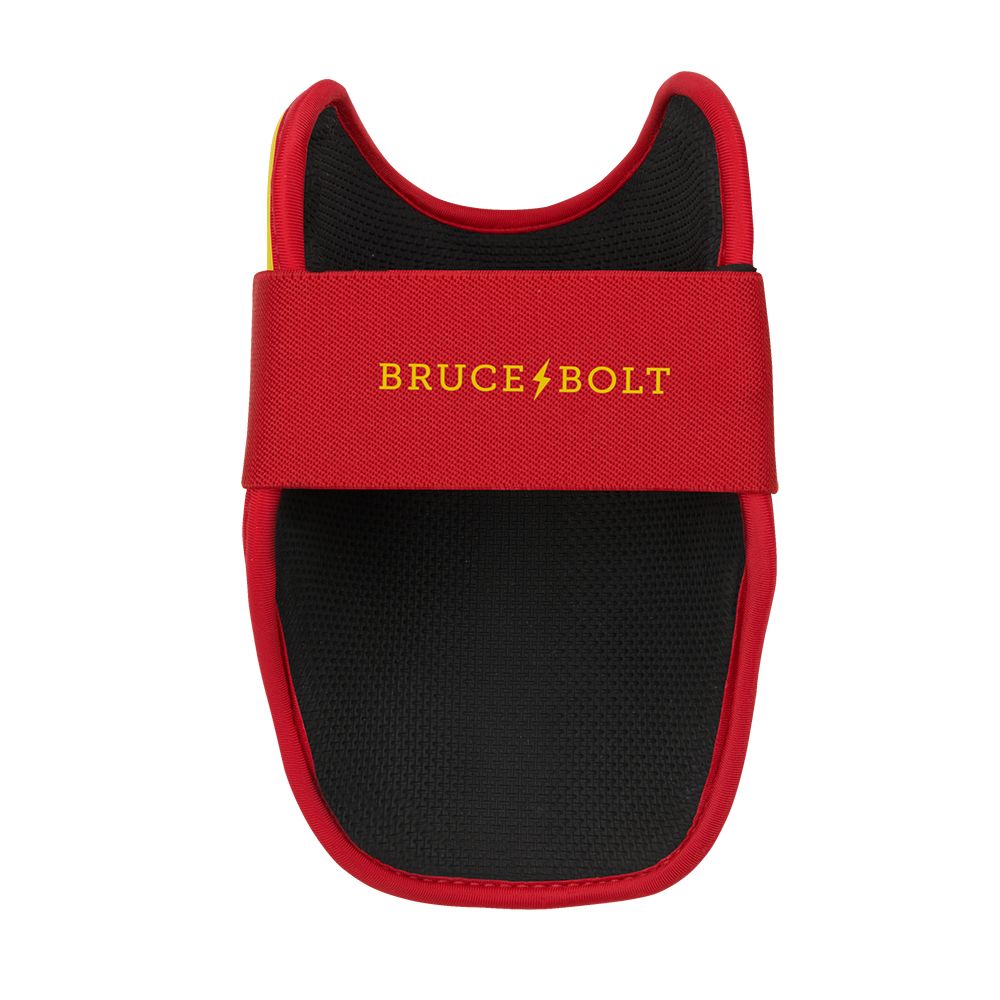 Red and black elbow guard with a red strap displaying the yellow Bruce Bolt logo.