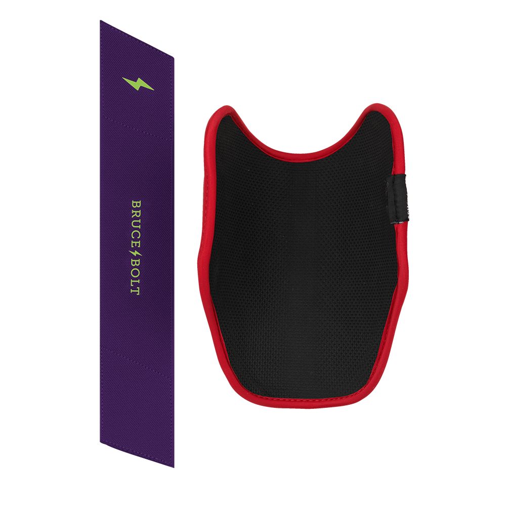 Black and red protective elbow guard with a matching purple strap displaying the Bruce Bolt logo.