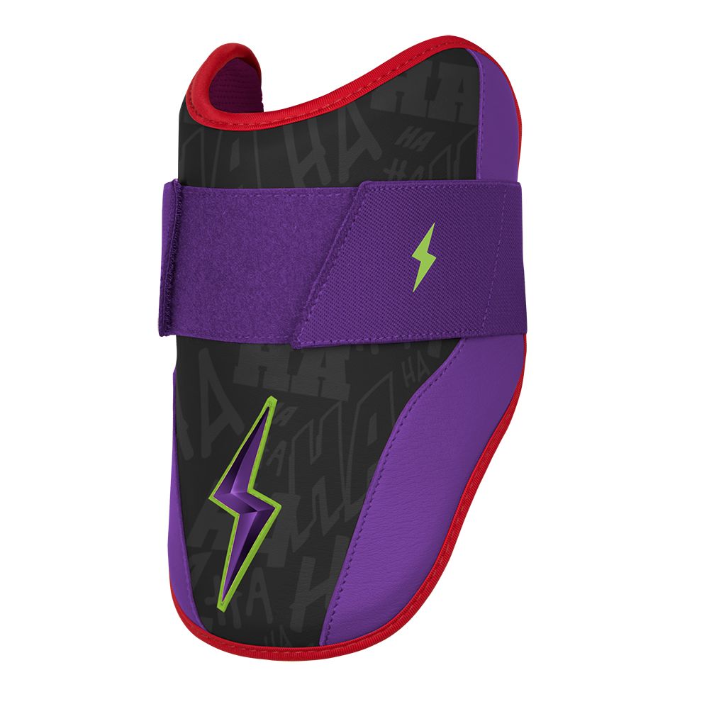 Black, purple, and red elbow guard with a repeating HA pattern and lime green lightning bolt logos.