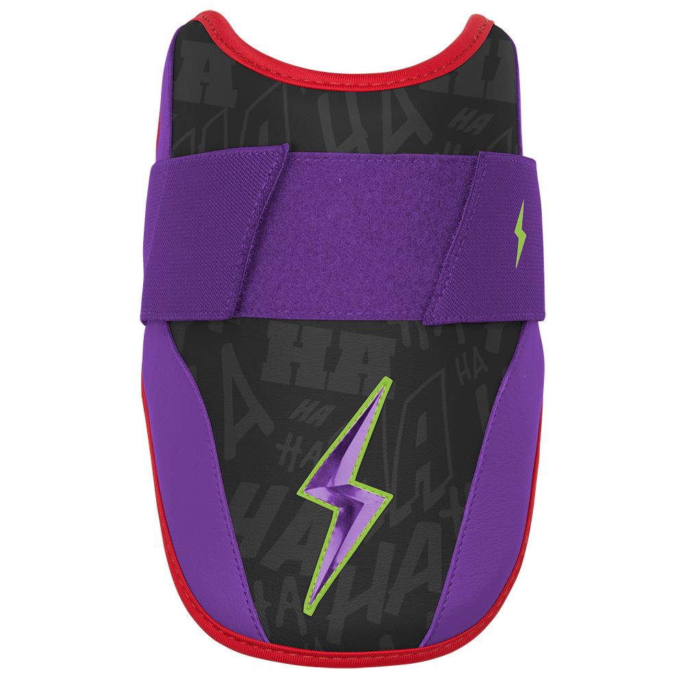 Black and purple elbow guard with red trim and a green lightning bolt logo.