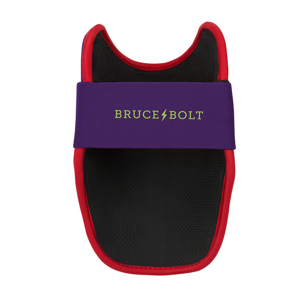 Black and red elbow guard with a purple strap featuring the Bruce Bolt logo.