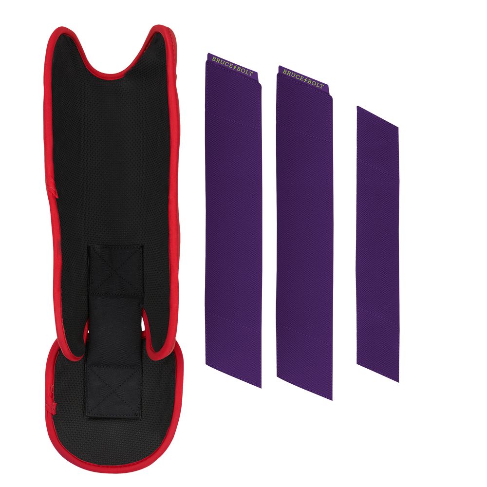 Black and red leg guard with three purple straps featuring Bruce Bolt branding.