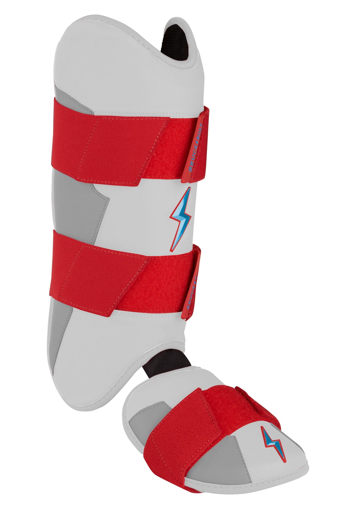White and grey baseball leg and ankle guard with red straps and blue lightning bolt logos