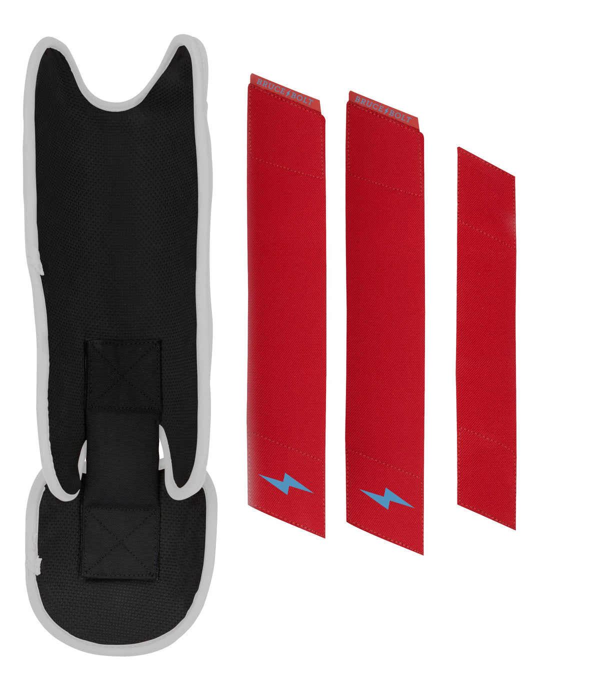 Black and white leg guard with three red straps featuring blue lightning bolt logos.