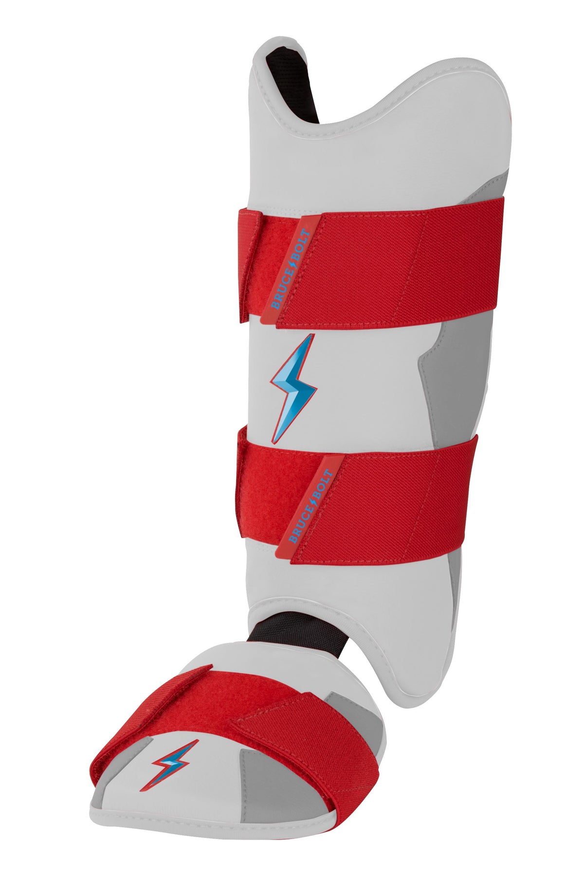 White and red leg guard with blue lightning bolt logos secured by red velcro straps.