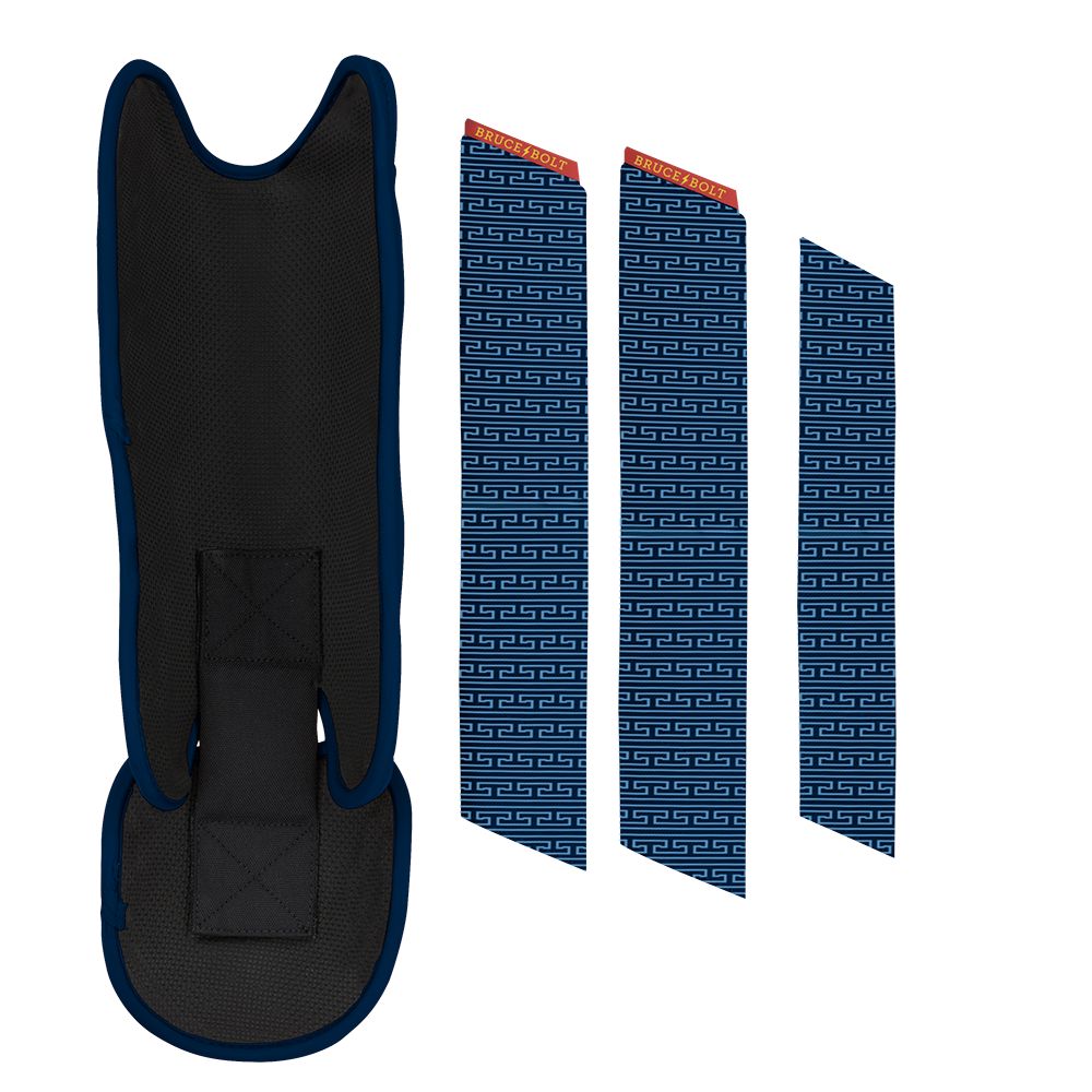 Bruce Bolt dark blue and black leg guard with three patterned straps.