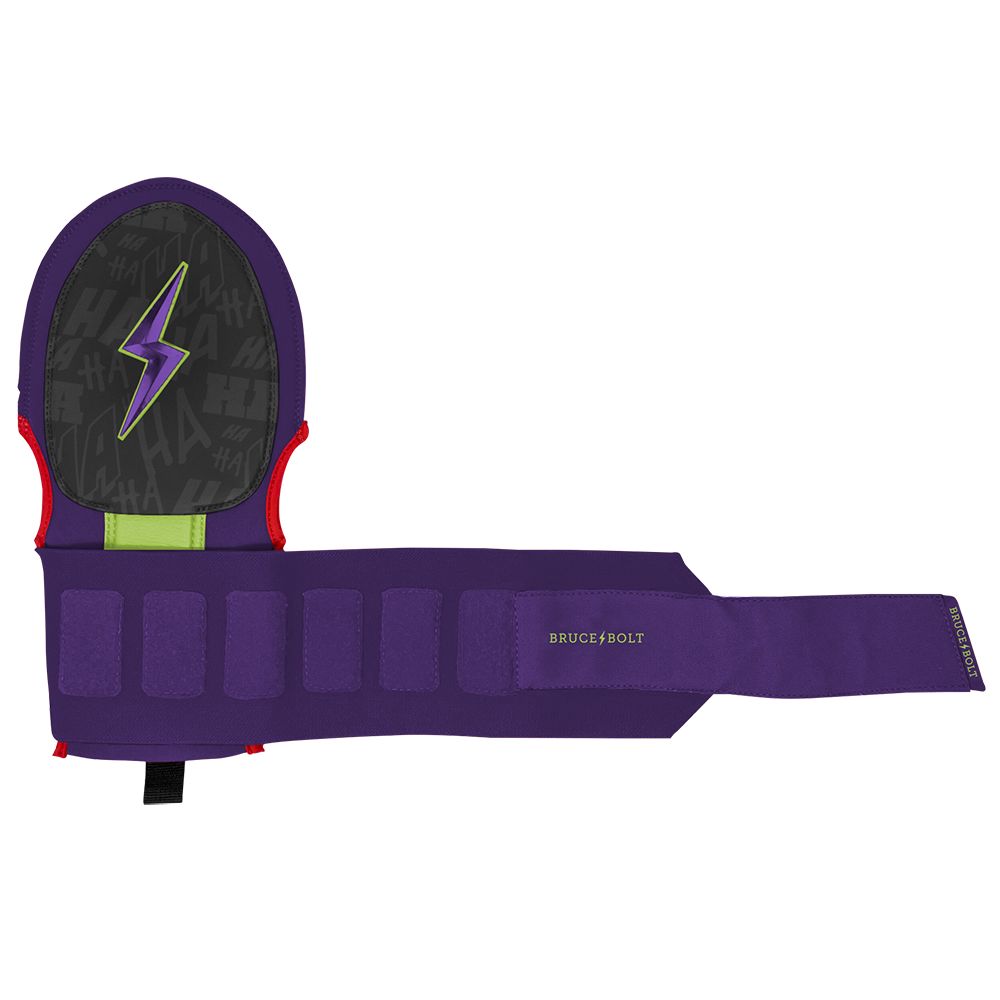 Purple sliding mitt with a black palm pad featuring a purple lightning bolt and green accent.