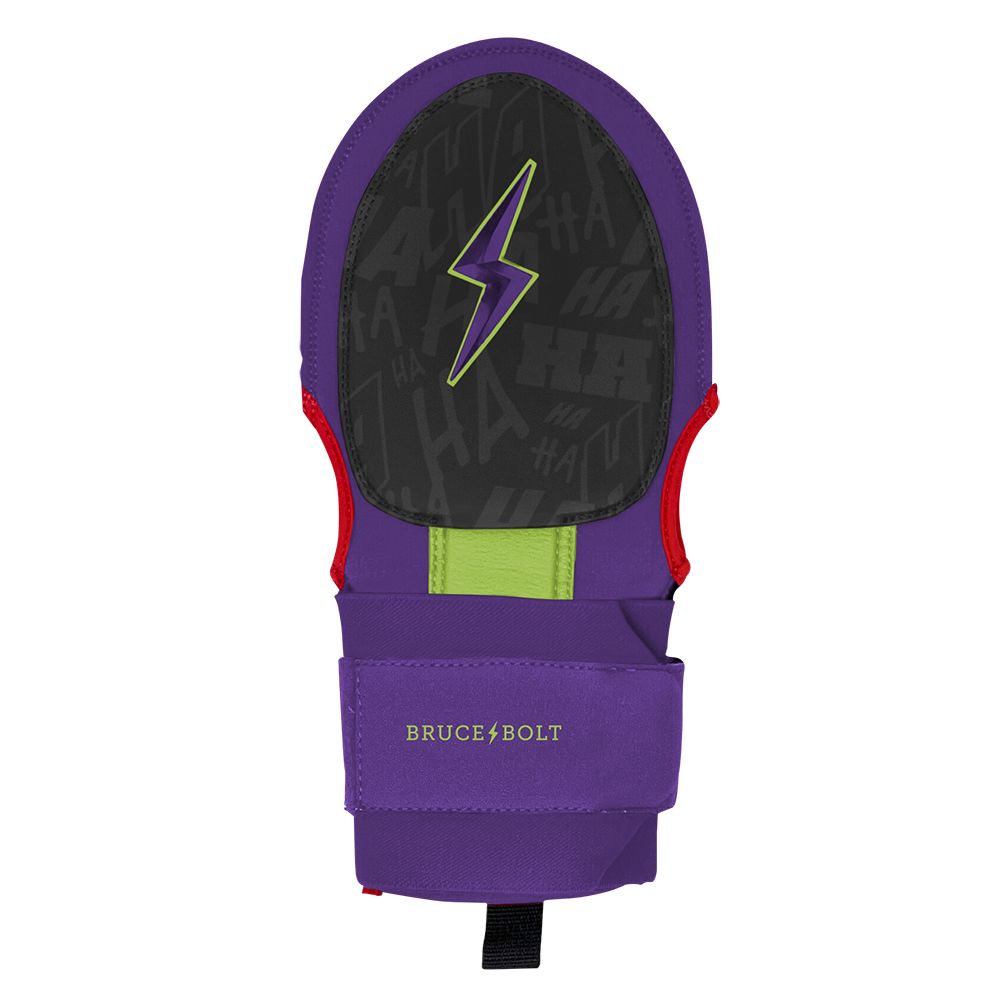 Purple sliding mitt with a green lightning bolt graphic on the black palm and a wrist strap featuring Bruce Bolt branding.