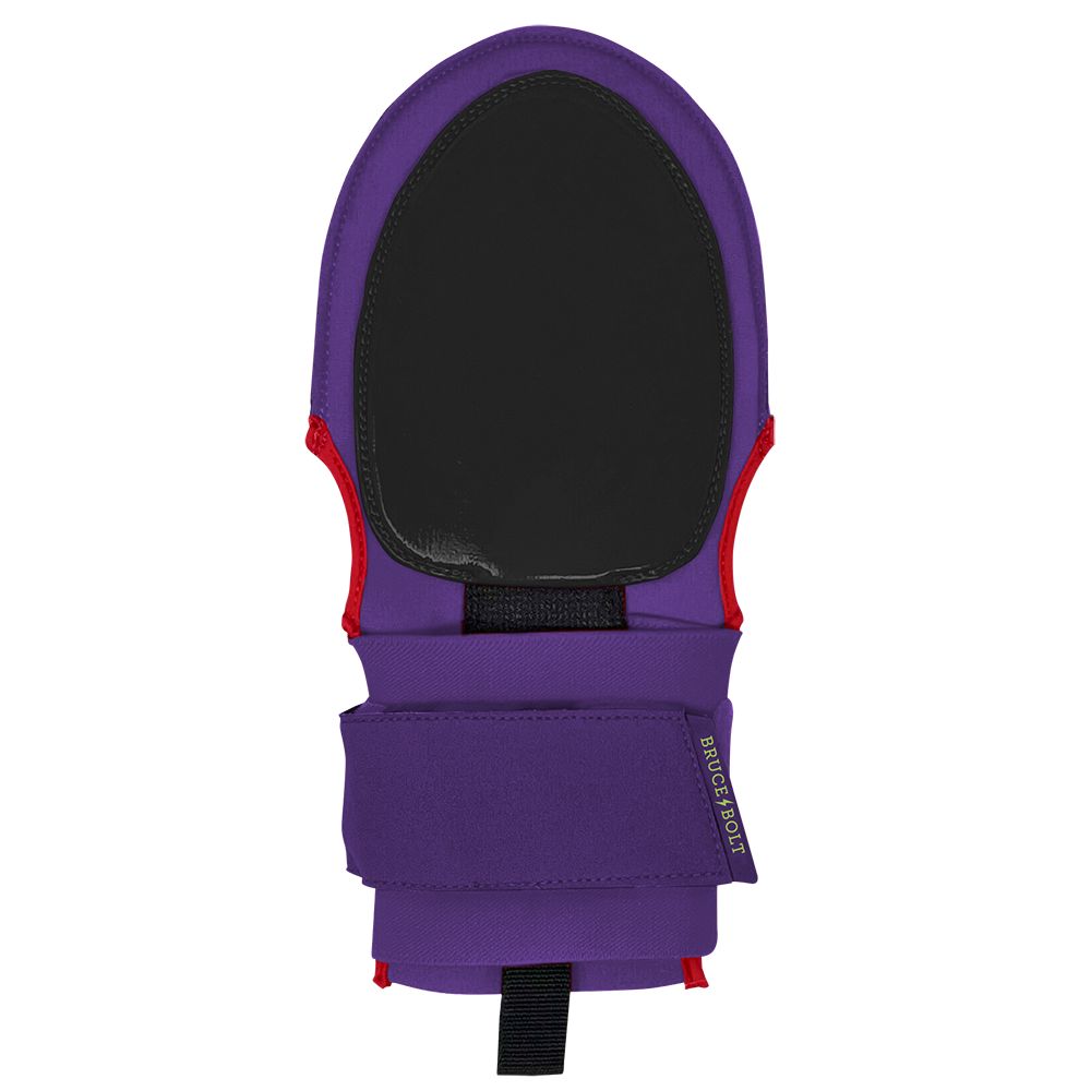Purple and black baseball sliding mitt with red trim and a wrist strap.
