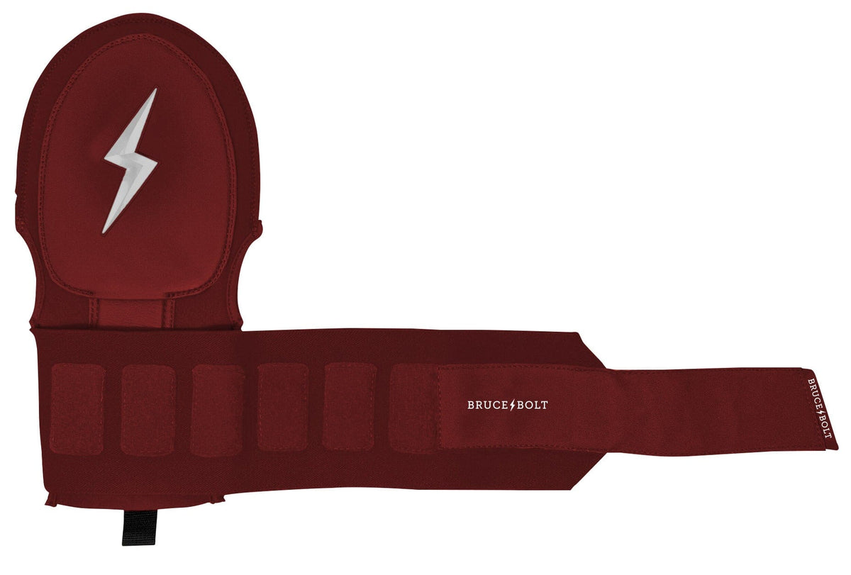 Maroon sliding mitt with a silver lightning bolt logo and wrist strap.