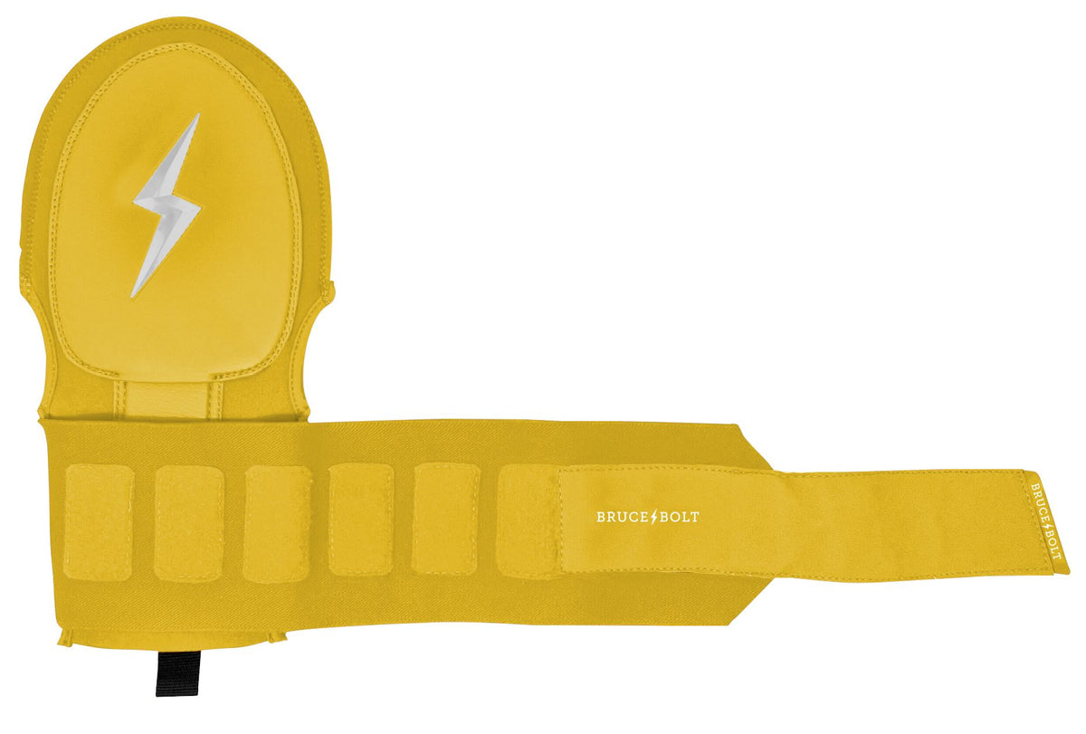 Yellow sliding mitt with a white lightning bolt logo and a strap featuring the Bruce Bolt brand name.