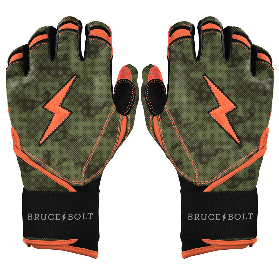 BRUCE BOLT camo long cuff batting gloves in green and orange with lightning bolt logos