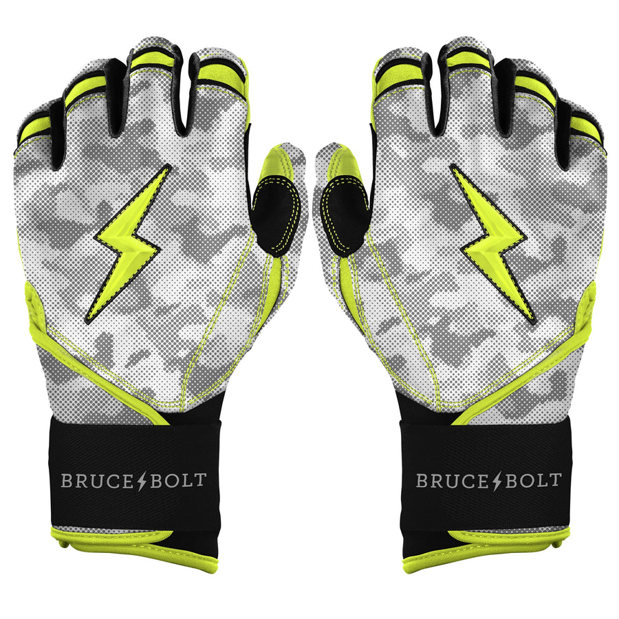 Pair of gray camo long-cuff batting gloves with neon yellow lightning bolt logos and black wristbands