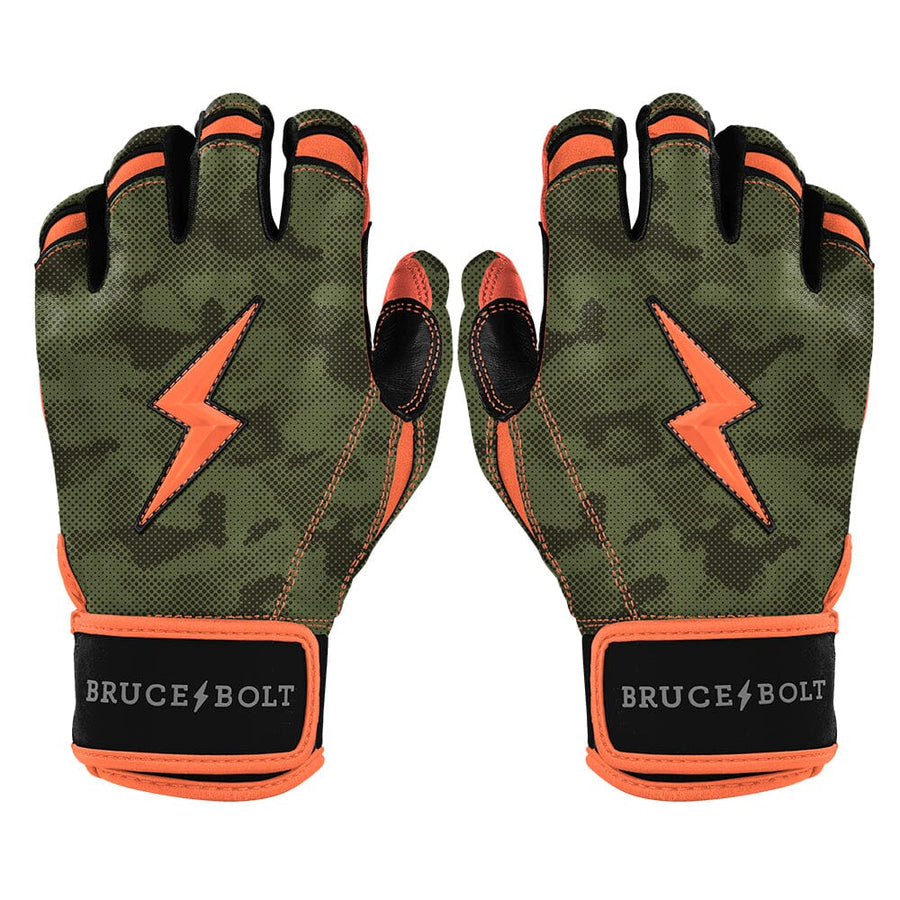 Pair of green camouflage batting gloves with orange accents and lightning bolt logos on the backs