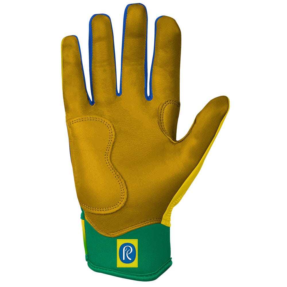 Yellow batting glove with blue accents and a green wrist cuff featuring a logo.