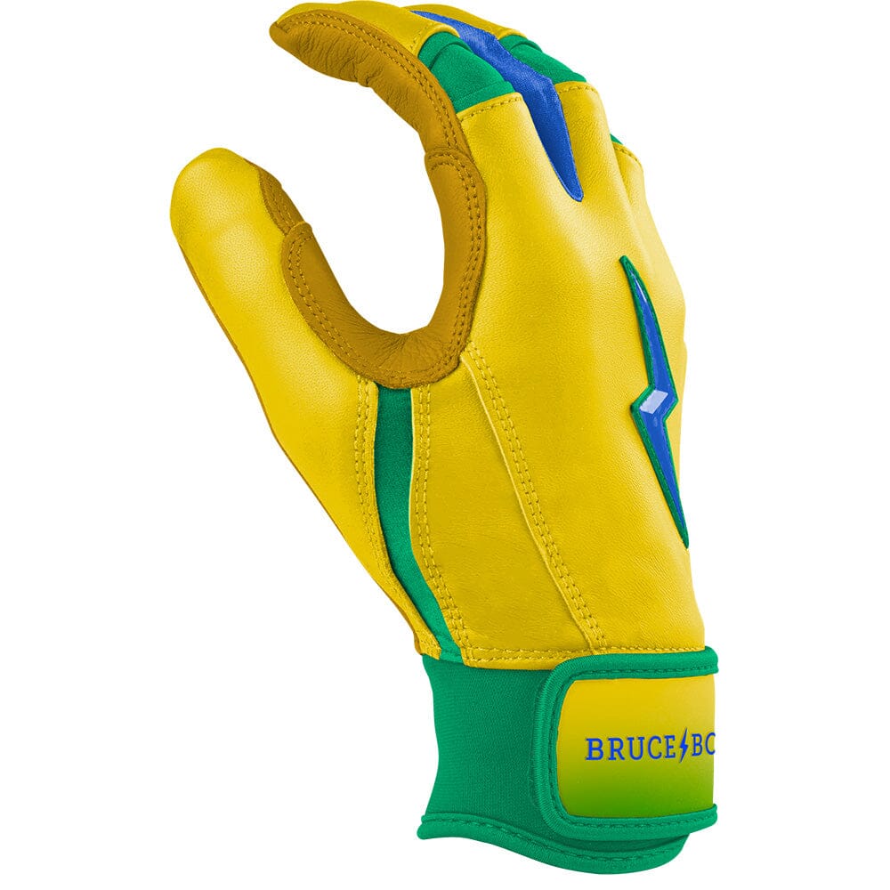 Yellow, green, and blue short cuff batting glove with a lightning bolt logo