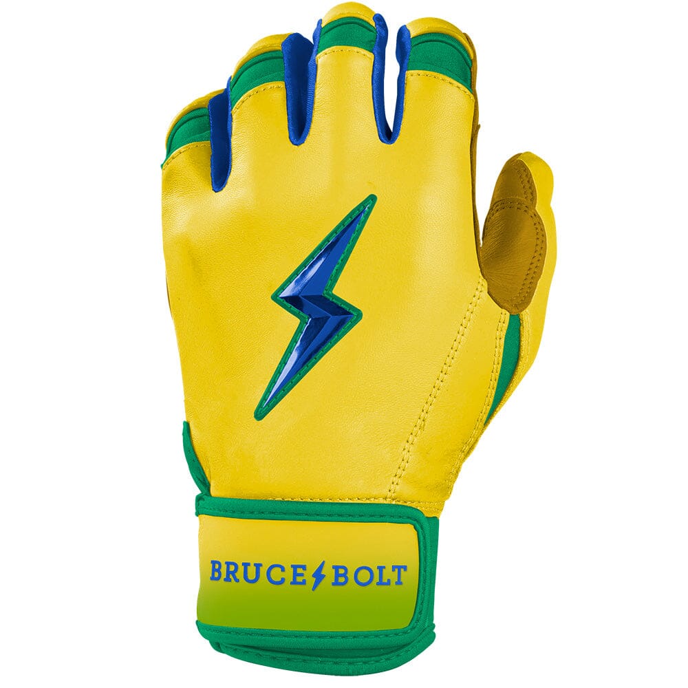 Yellow short cuff batting glove with green trim and a blue lightning bolt logo.