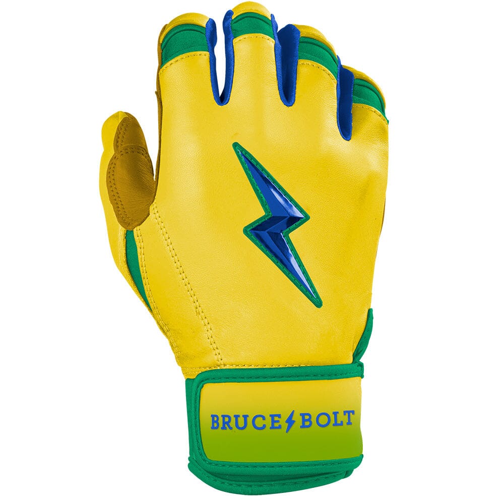 Yellow batting glove with green trim, blue fingertips, a blue lightning bolt logo, and Bruce Bolt on the wrist strap