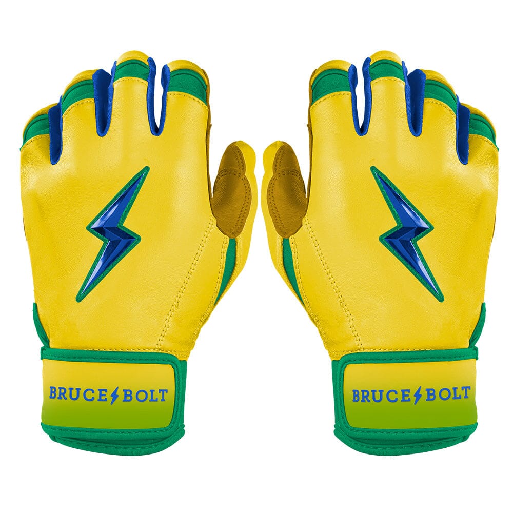 Yellow, green, and blue short cuff batting gloves with a blue lightning bolt logo.