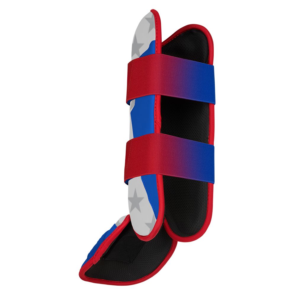 Red, white, and blue baseball leg guard with star pattern and two straps