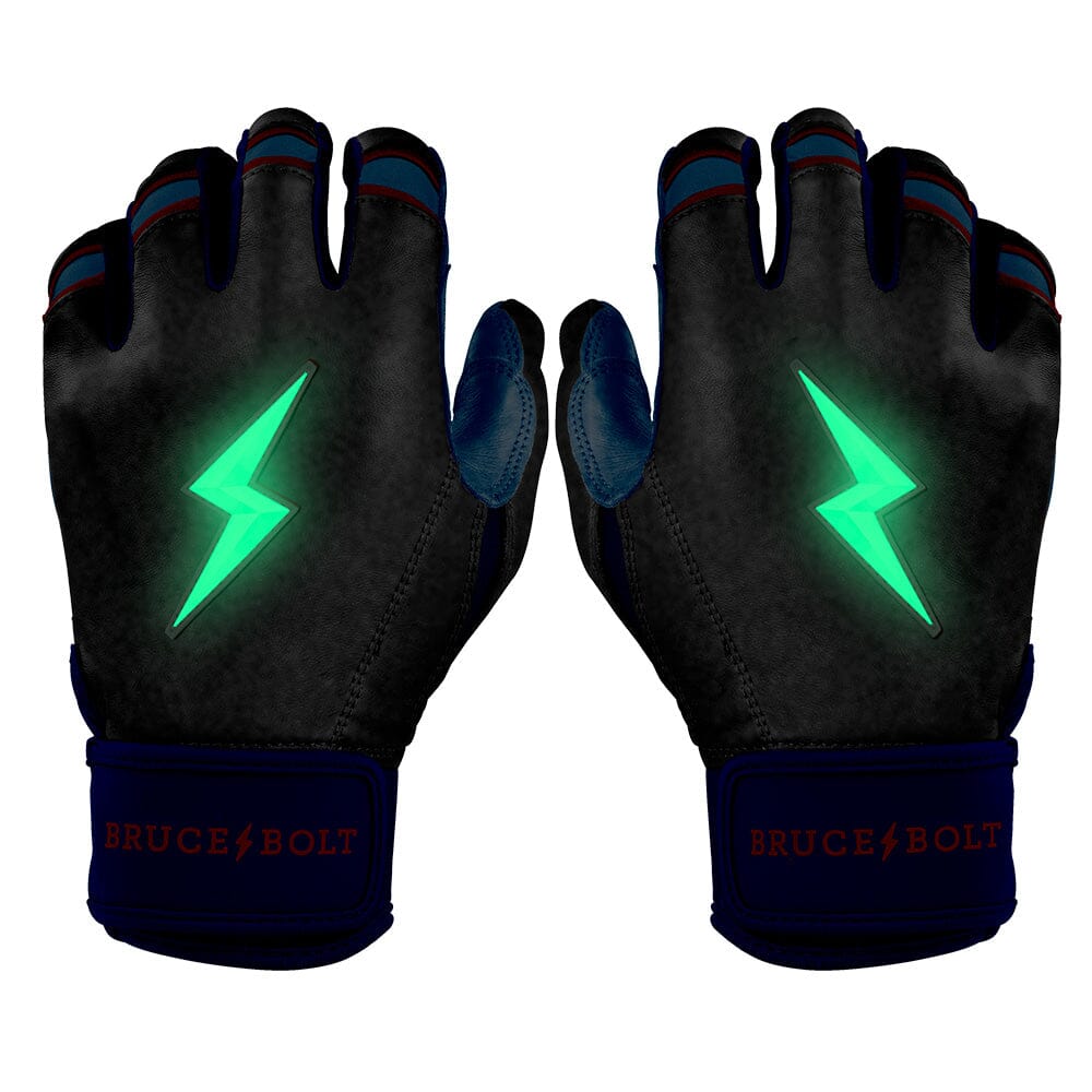 Pair of black batting gloves with a glowing green lightning bolt logo and Bruce Bolt text on the cuffs.