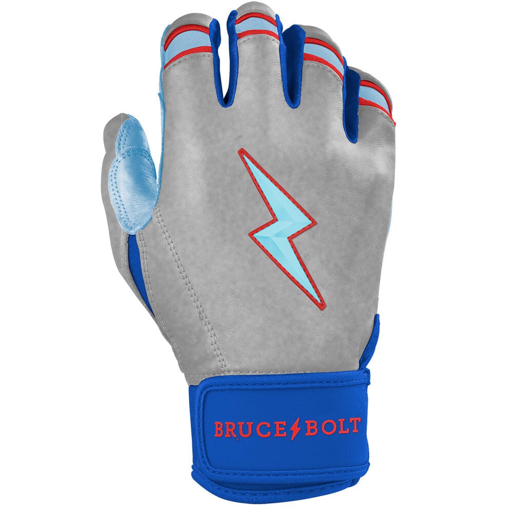 Silver and blue short cuff batting glove with a light blue lightning bolt logo and red trim on the fingers.
