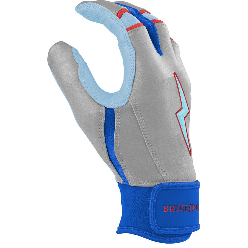 Gray, light blue, and blue short-cuff batting glove featuring a red lightning bolt logo on the backhand.
