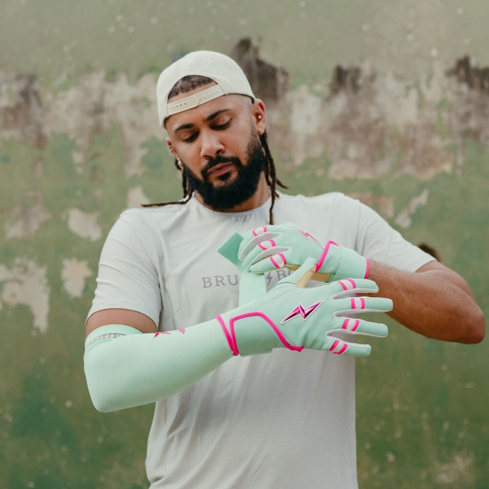 Fernando Tatis Jr. Signature Series Long Cuff Batting Gloves - Mint/Pink- thumb 7